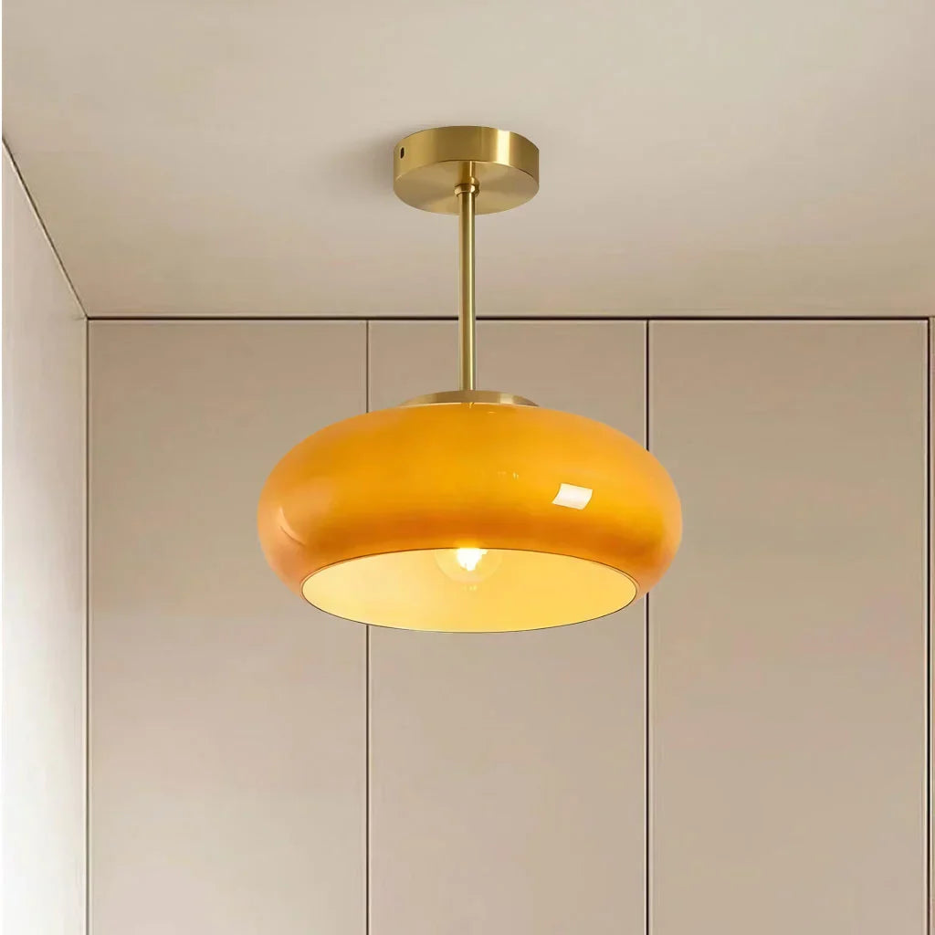 Vintage Glass Ceiling Light Brass Semi Flush