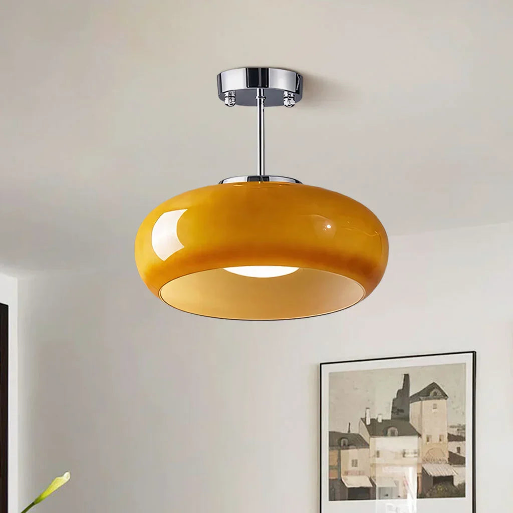 Vintage Glass Ceiling Light Brass Semi Flush