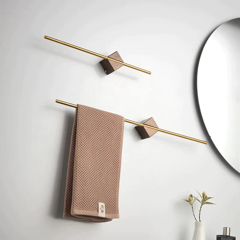 Wall Mounted Rail on a Natural Wood Grain Block | Minimalist Bathroom Towel Storage in Black or Gold | Three Lengths