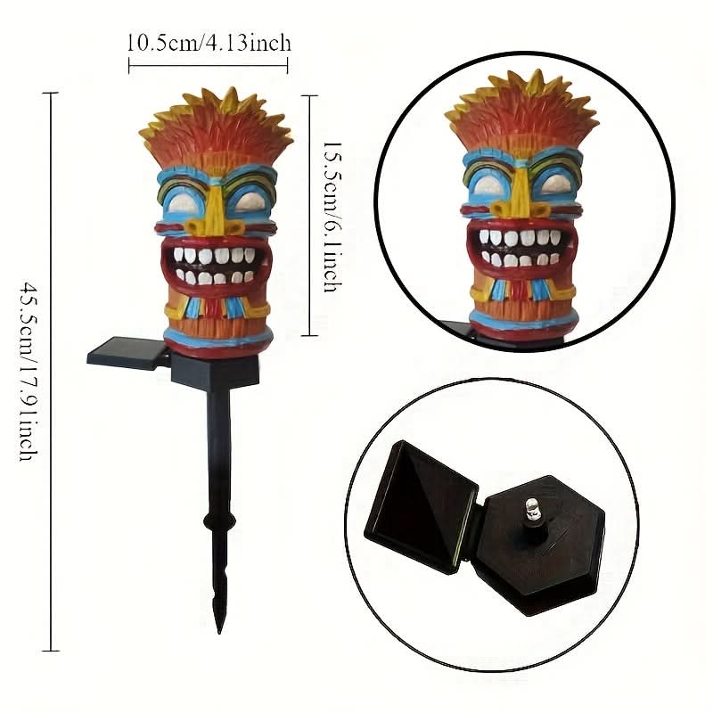 Solar Tiki Totem LED Garden Stake Light 17.9 In | Warm Glow, Light-Sensor Auto On | Tropical Patio & Party Decor