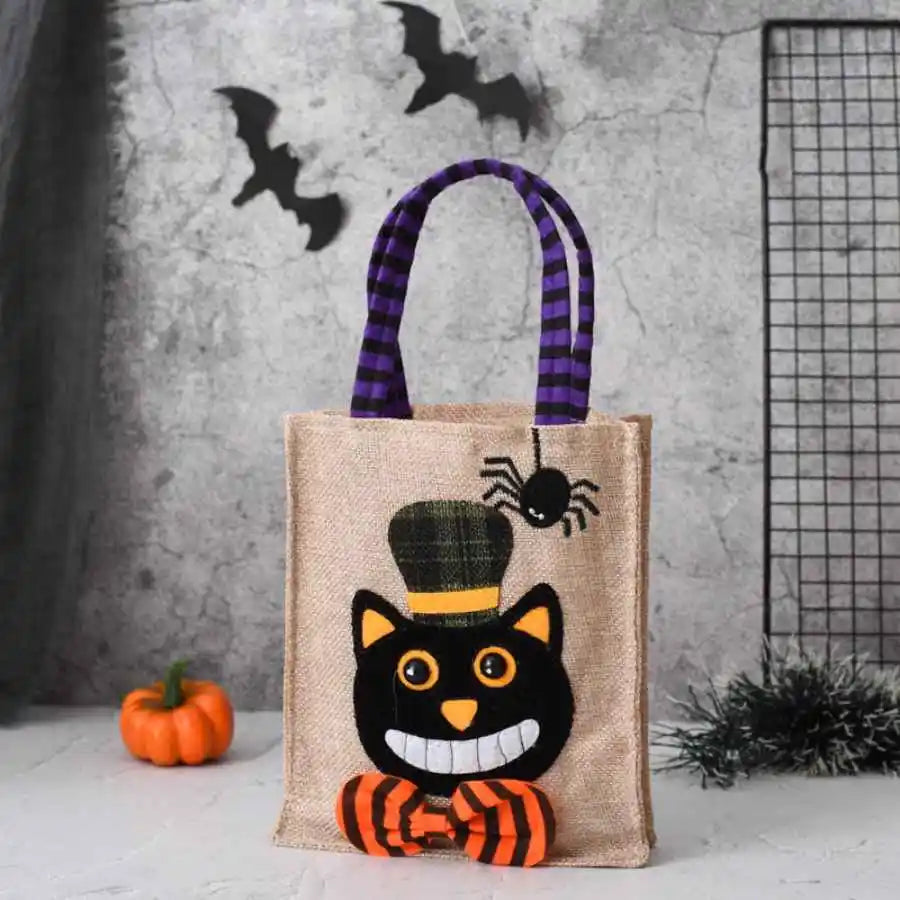 Cotton linen Halloween treat bag with black cat applique