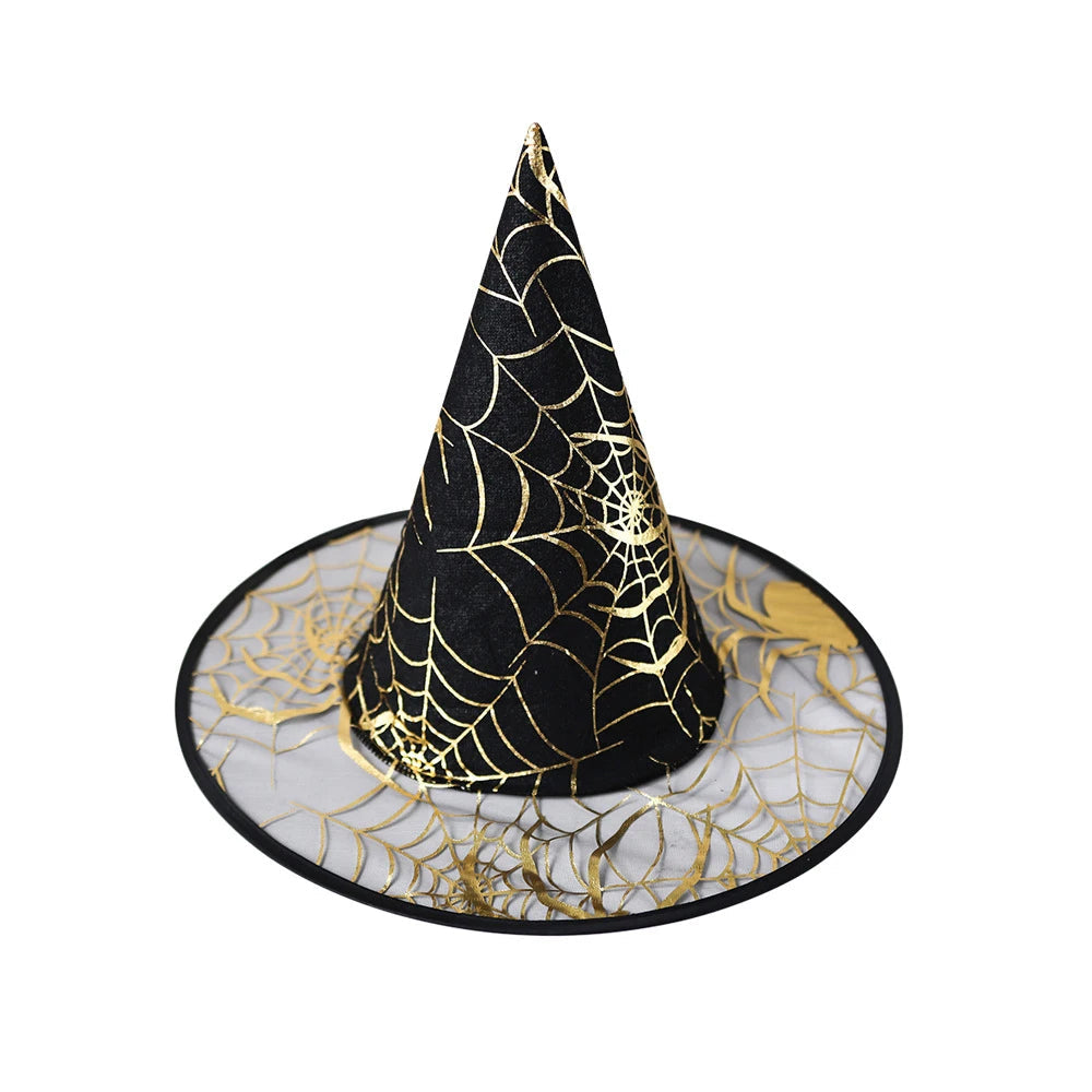 Black Halloween witch hat with spider web print