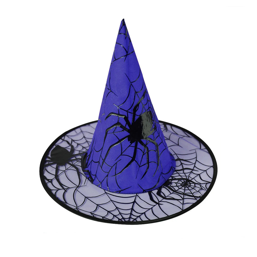 Blue spider web print Halloween witch hat