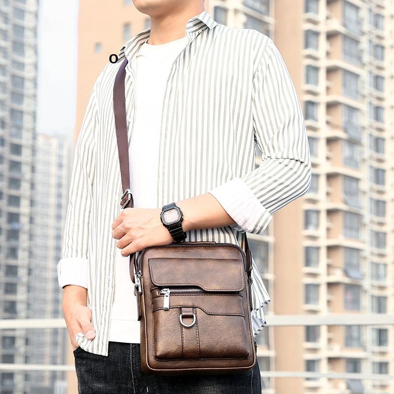 Men's PU Leather Crossbody Bag with Laptop Room | Multiple Compartments and Zip Pockets | Adjustable Shoulder Strap