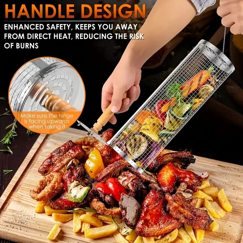 Stainless Steel Rolling Grill Basket with Detachable Handle | 304-Grade Steel | Even-Cook Rotating Design for BBQ