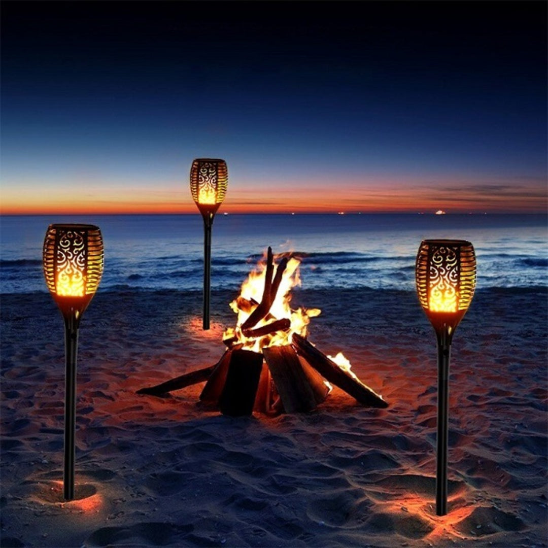 Solar Flame Torch Lights on Stakes | Flickering LED Effect, Charges by Day and Comes On at Dusk | Outdoor Yard Decorations