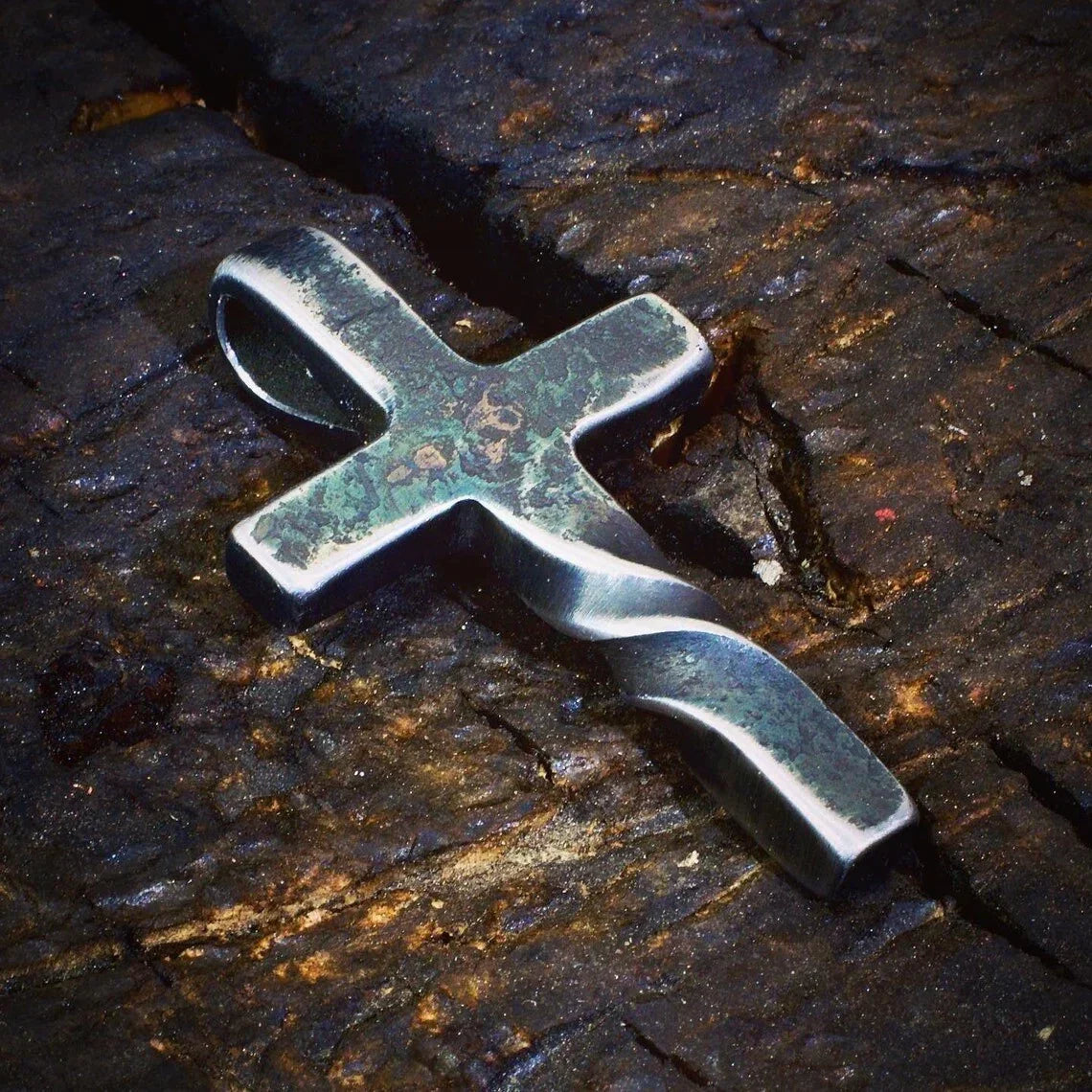 Handmade Cross Pendant Necklace on an Adjustable Leather Cord | Curved Lower Arm and Hand Finished Detail | One of a Kind Piece