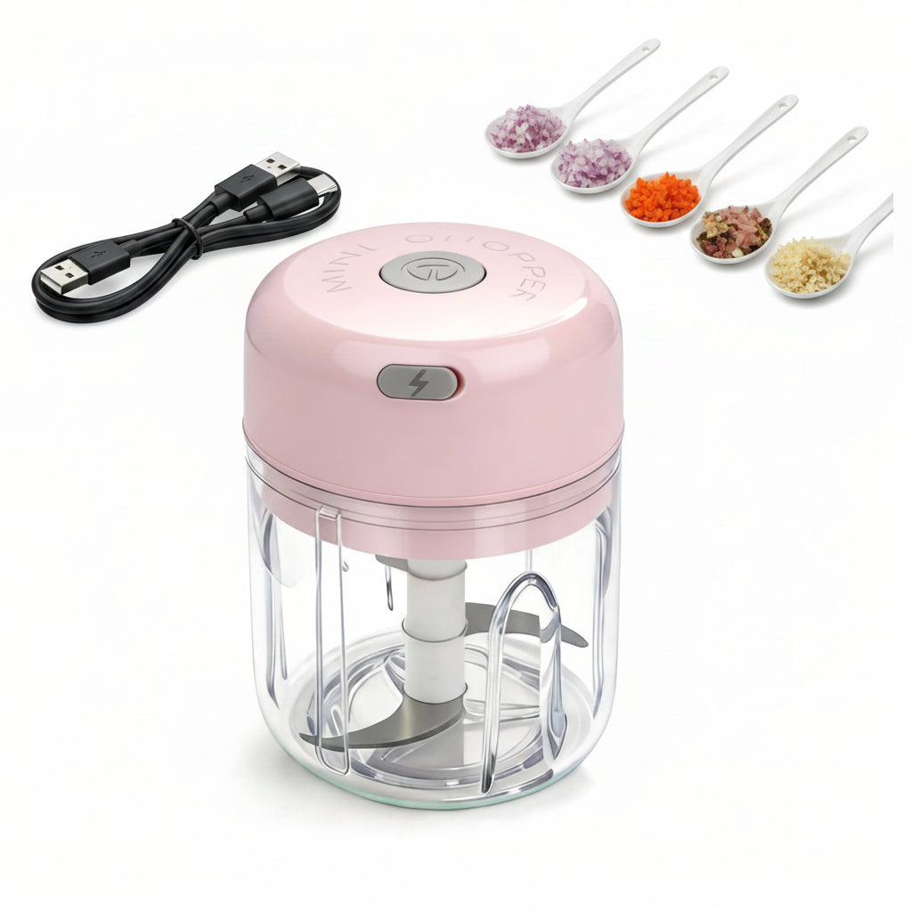 Electric Mini Food Chopper 250ml | USB Rechargeable | Green, White & Pink | One-Touch Chopping for Veggies, Meat & More