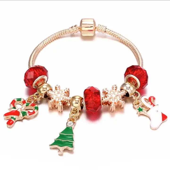 Christmas Candy Cane Bracelet with Reindeer or Tree Charm | Silver-Plated Adjustable Festive Jewelry | Lobster Clasp