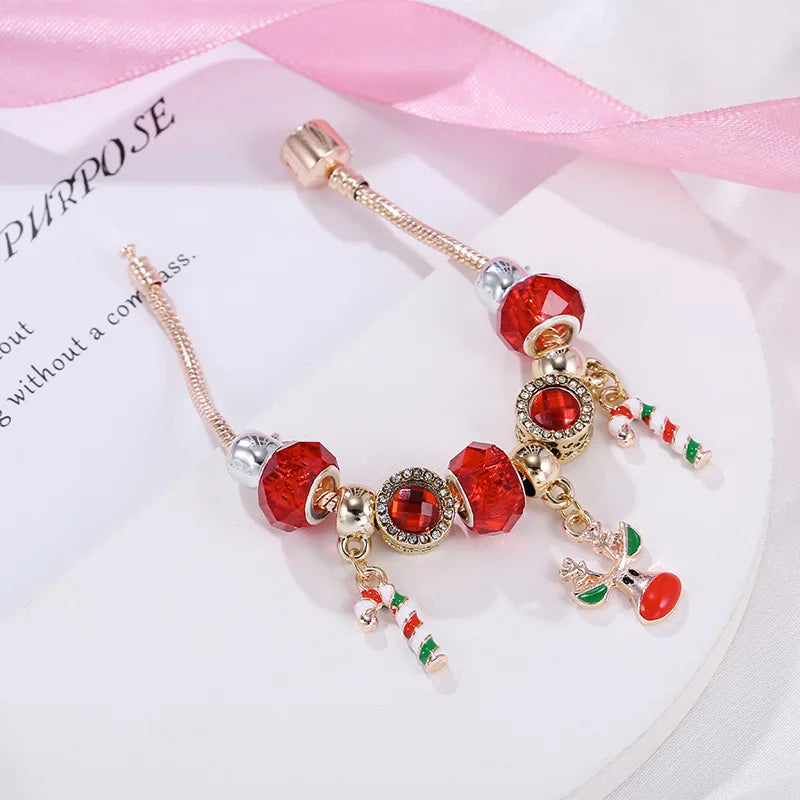 Christmas Candy Cane Bracelet with Reindeer or Tree Charm | Silver-Plated Adjustable Festive Jewelry | Lobster Clasp