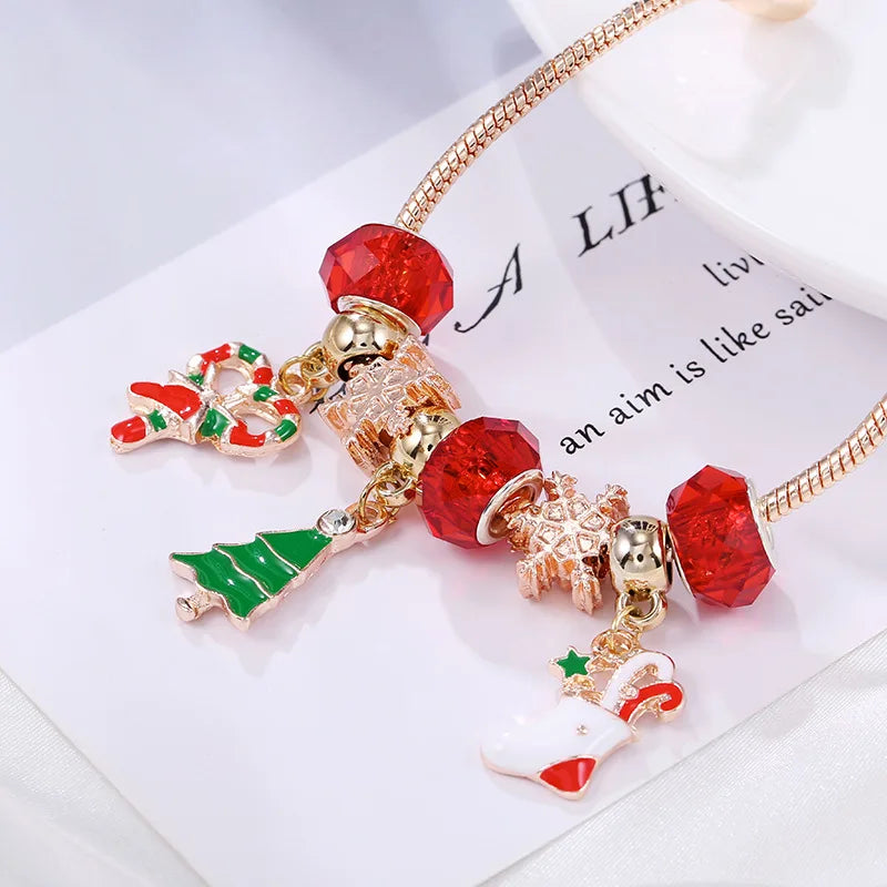 Christmas Candy Cane Bracelet with Reindeer or Tree Charm | Silver-Plated Adjustable Festive Jewelry | Lobster Clasp