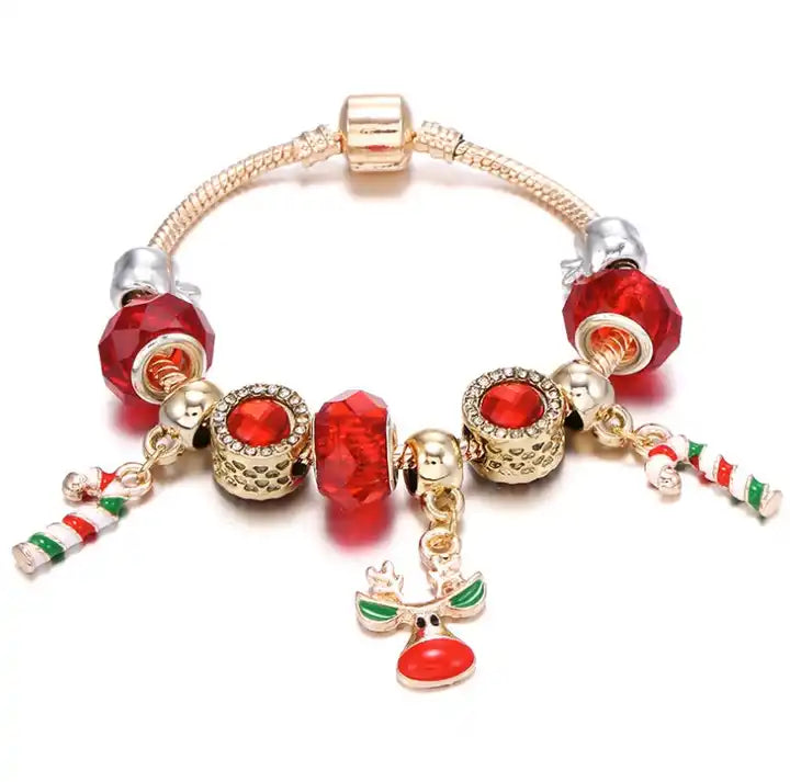 Christmas Candy Cane Bracelet with Reindeer or Tree Charm | Silver-Plated Adjustable Festive Jewelry | Lobster Clasp