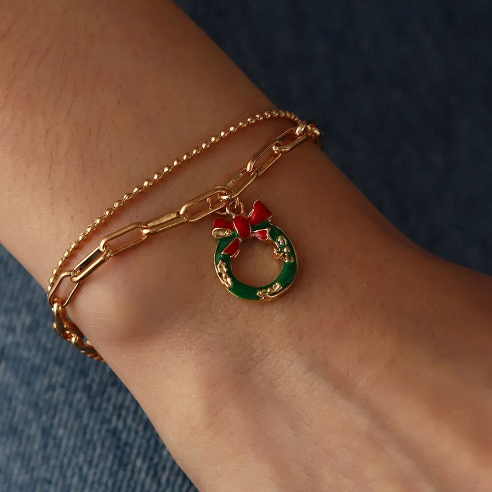 Christmas Charm Bracelet with Snowman, Wreath or Reindeer | Gold-Plated Enamel Festive Jewelry | Adjustable Fit
