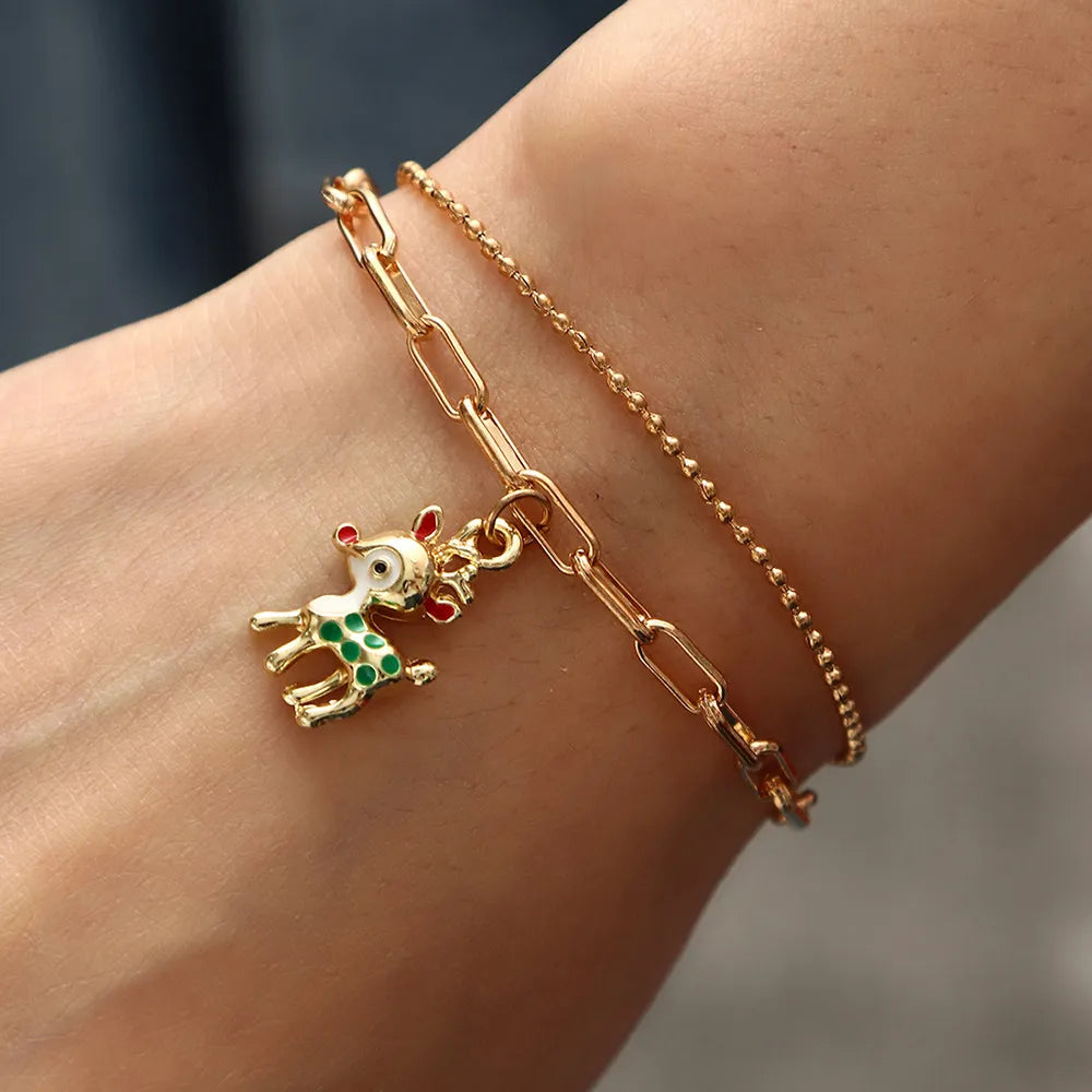 Christmas Charm Bracelet with Snowman, Wreath or Reindeer | Gold-Plated Enamel Festive Jewelry | Adjustable Fit