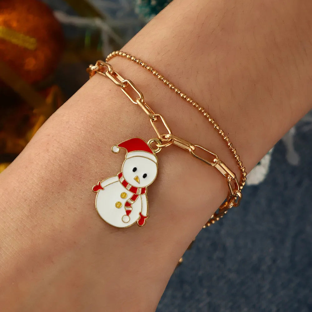 Christmas Charm Bracelet with Snowman, Wreath or Reindeer | Gold-Plated Enamel Festive Jewelry | Adjustable Fit