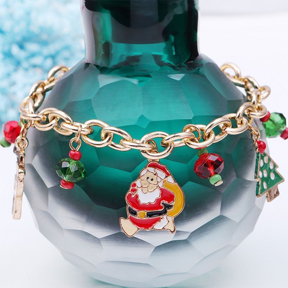 Christmas Charm Bracelet with a Gold-Plated Chain and Rhinestones | Adjustable Length for Most Wrists | Festive Jewelry