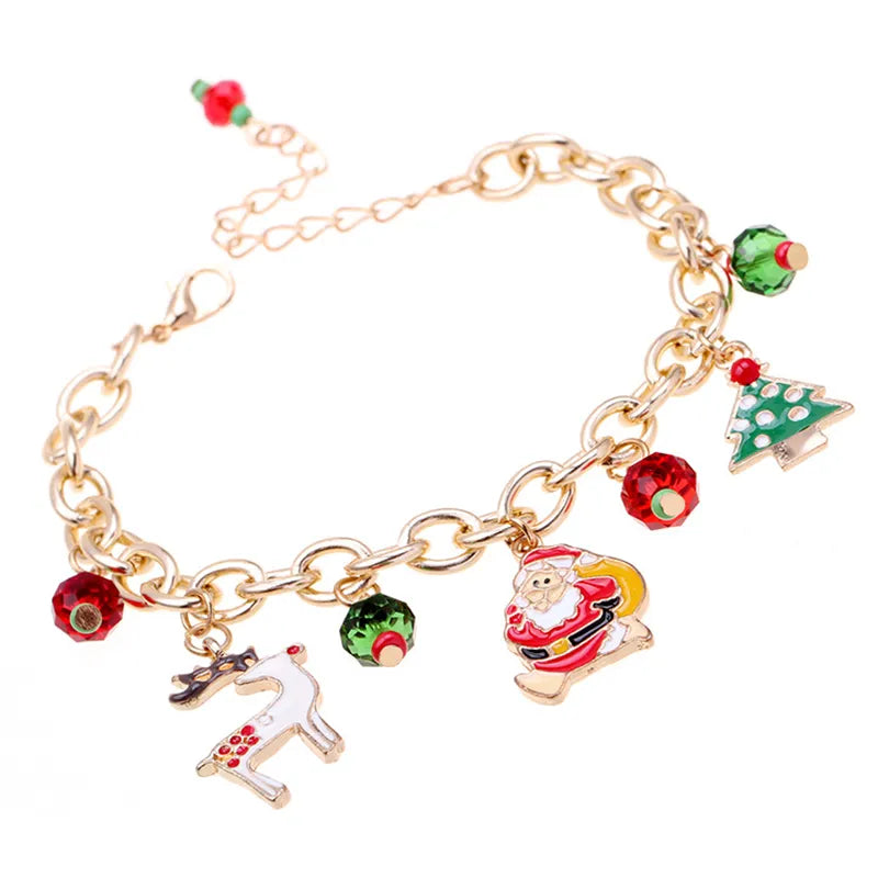 Christmas Charm Bracelet with a Gold-Plated Chain and Rhinestones | Adjustable Length for Most Wrists | Festive Jewelry