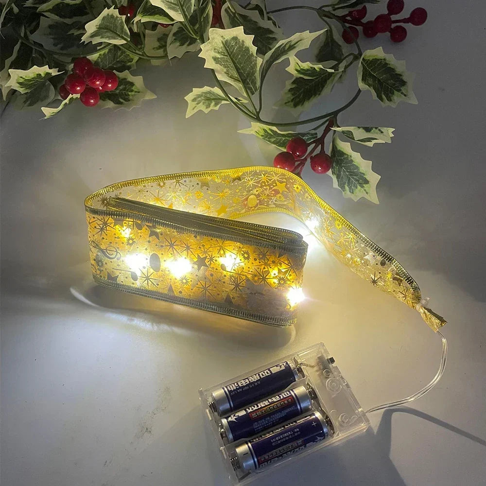 Christmas Tree Ribbon with String Lights in Six Designs | Organza and Gold Glitter Detail | Shapeable Copper Wire