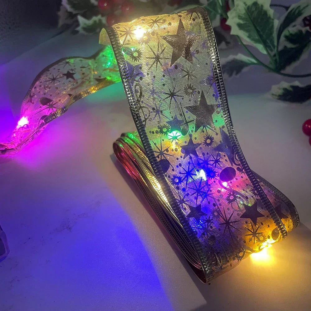 Christmas Tree Ribbon with String Lights in Six Designs | Organza and Gold Glitter Detail | Shapeable Copper Wire