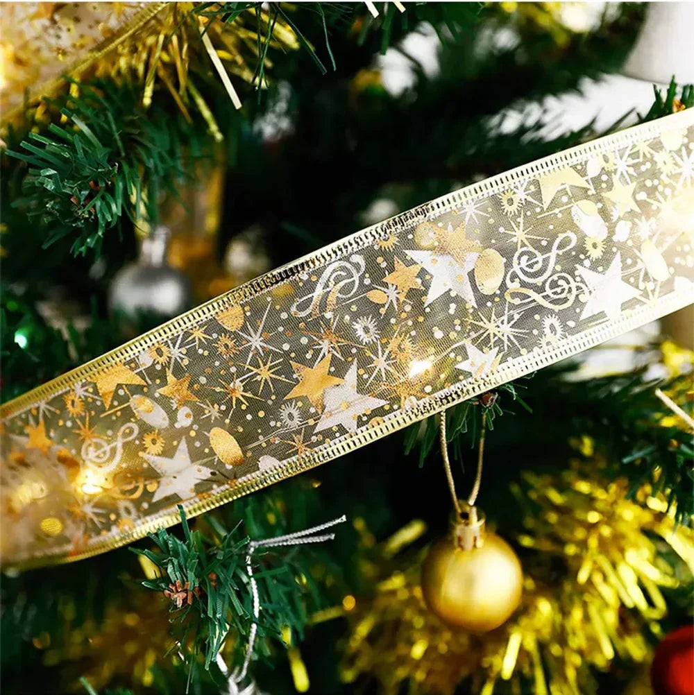 Christmas Tree Ribbon with String Lights in Six Designs | Organza and Gold Glitter Detail | Shapeable Copper Wire