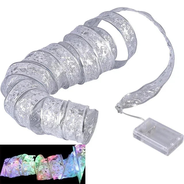 Christmas Tree Ribbon with String Lights in Six Designs | Organza and Gold Glitter Detail | Shapeable Copper Wire