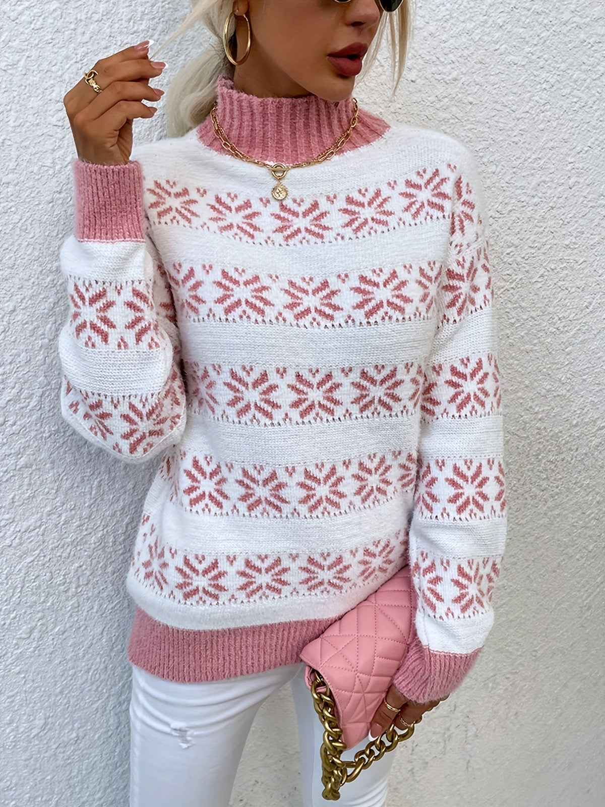 Christmas Sweater Women with Holly Pattern and Mock Neck | Soft Knit Festive Jumper in Pink or Green | Sizes S to L