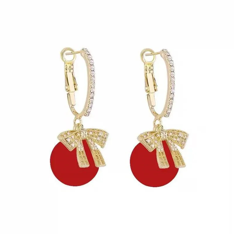 Christmas Earrings with Faux Pearl and Bow | Festive Jewelry in Beige, Pink, Red or Grey | Lightweight 2.5 cm Drops