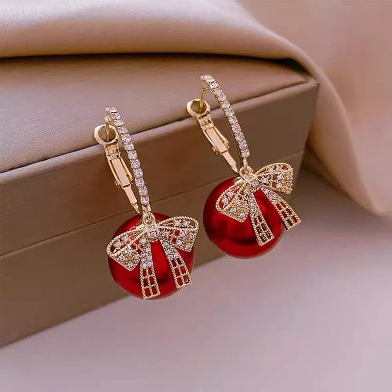 Christmas Earrings with Faux Pearl and Bow | Festive Jewelry in Beige, Pink, Red or Grey | Lightweight 2.5 cm Drops