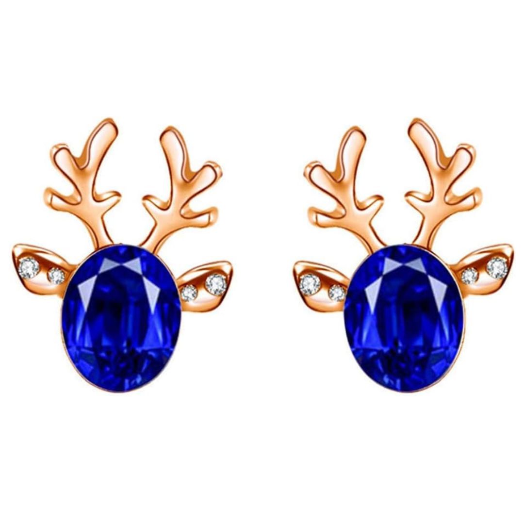 Christmas Earrings with Reindeer Antlers and a Colored Stone | Lightweight 1.5 cm Studs with Post Backs | 9 Colors