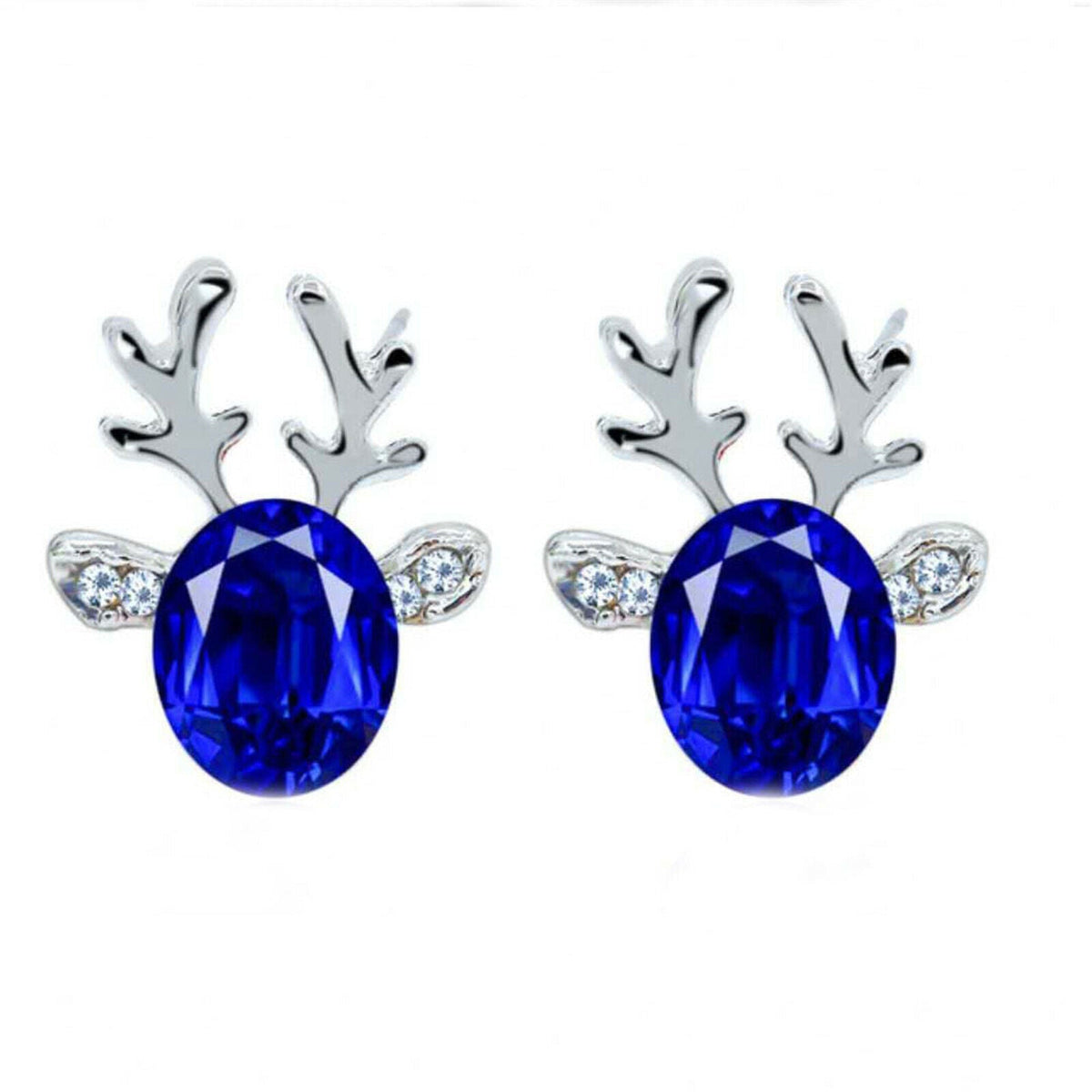 Christmas Earrings with Reindeer Antlers and a Colored Stone | Lightweight 1.5 cm Studs with Post Backs | 9 Colors