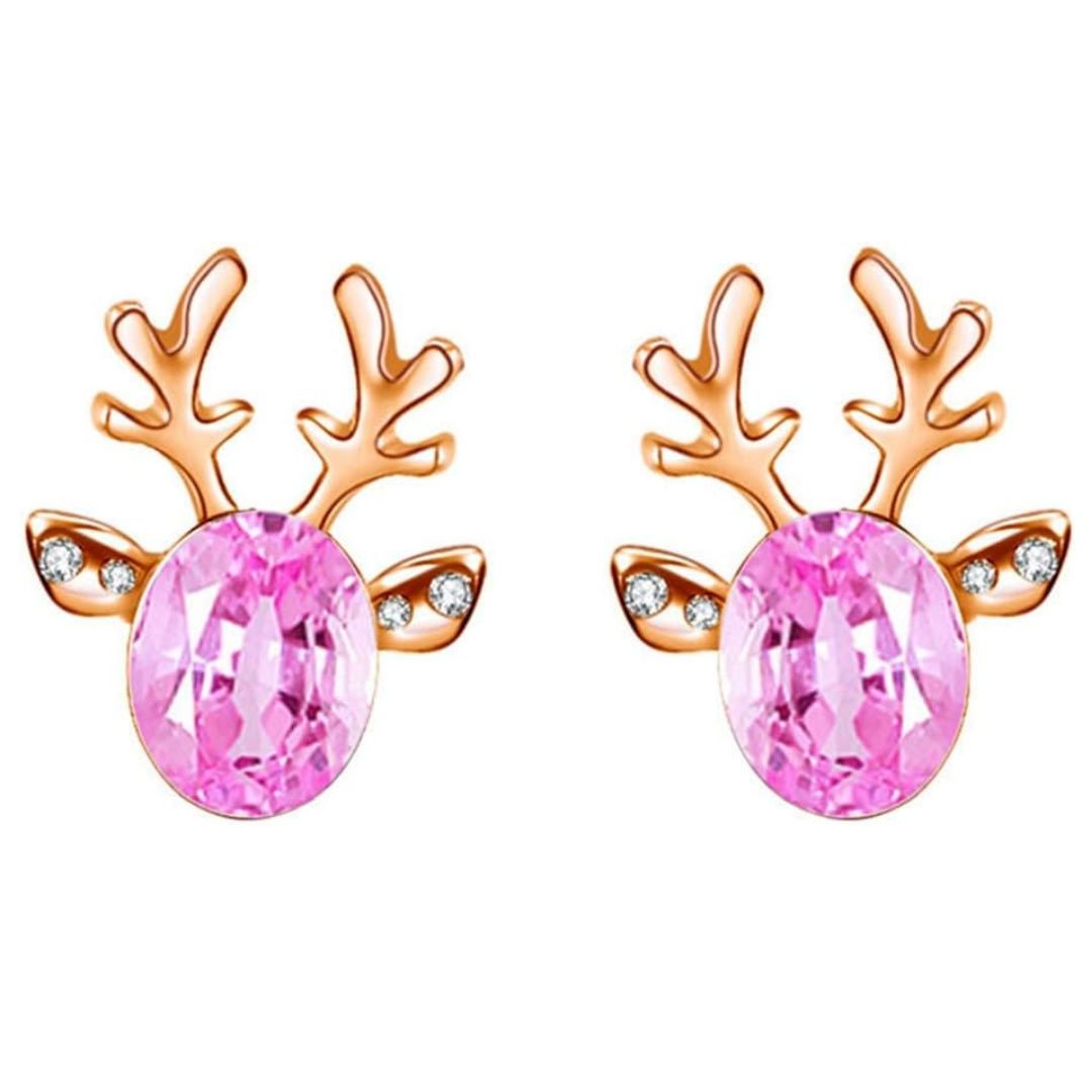 Christmas Earrings with Reindeer Antlers and a Colored Stone | Lightweight 1.5 cm Studs with Post Backs | 9 Colors