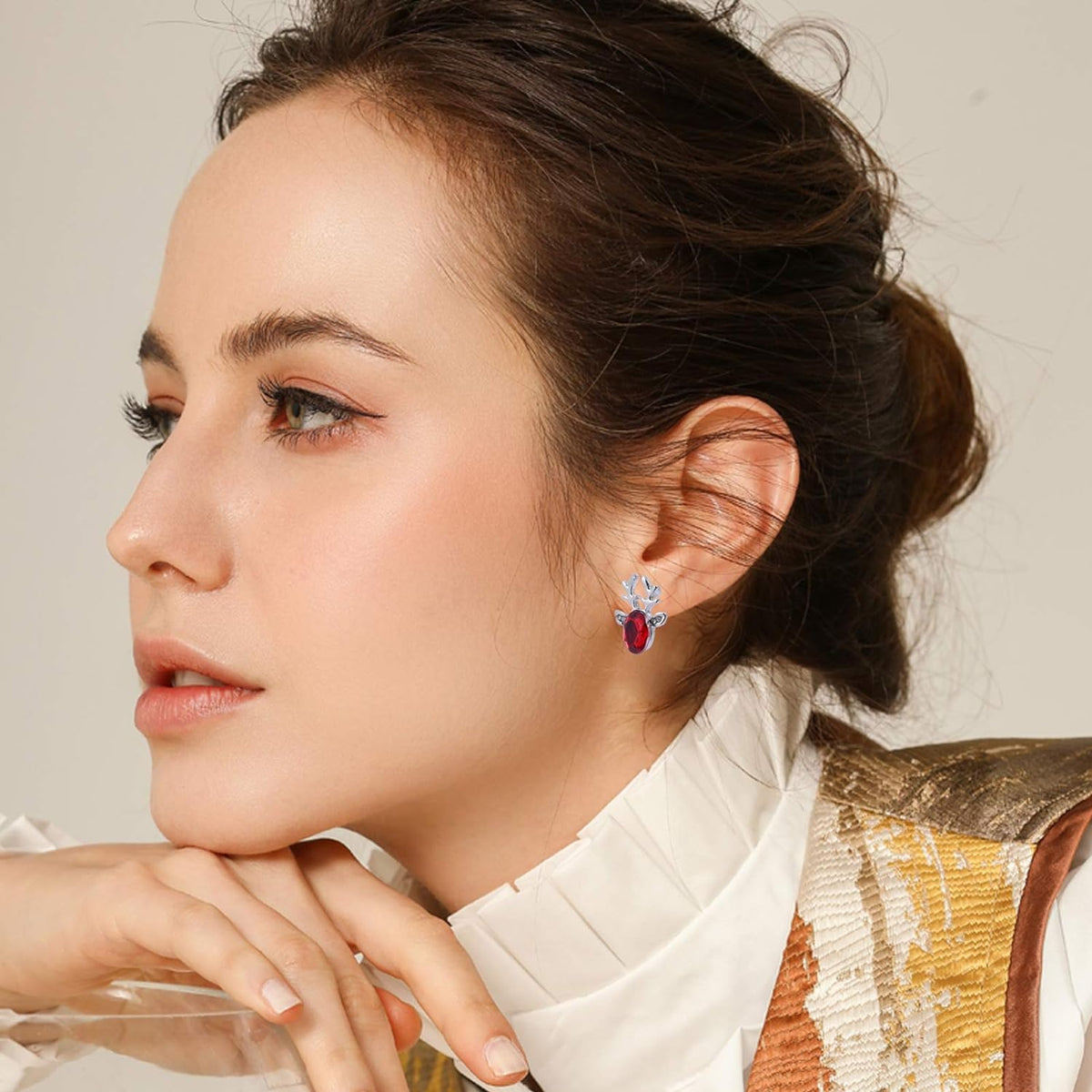 Christmas Earrings with Reindeer Antlers and a Colored Stone | Lightweight 1.5 cm Studs with Post Backs | 9 Colors