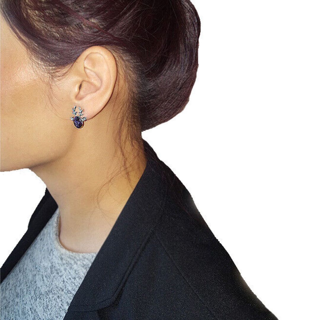 Christmas Earrings with Reindeer Antlers and a Colored Stone | Lightweight 1.5 cm Studs with Post Backs | 9 Colors