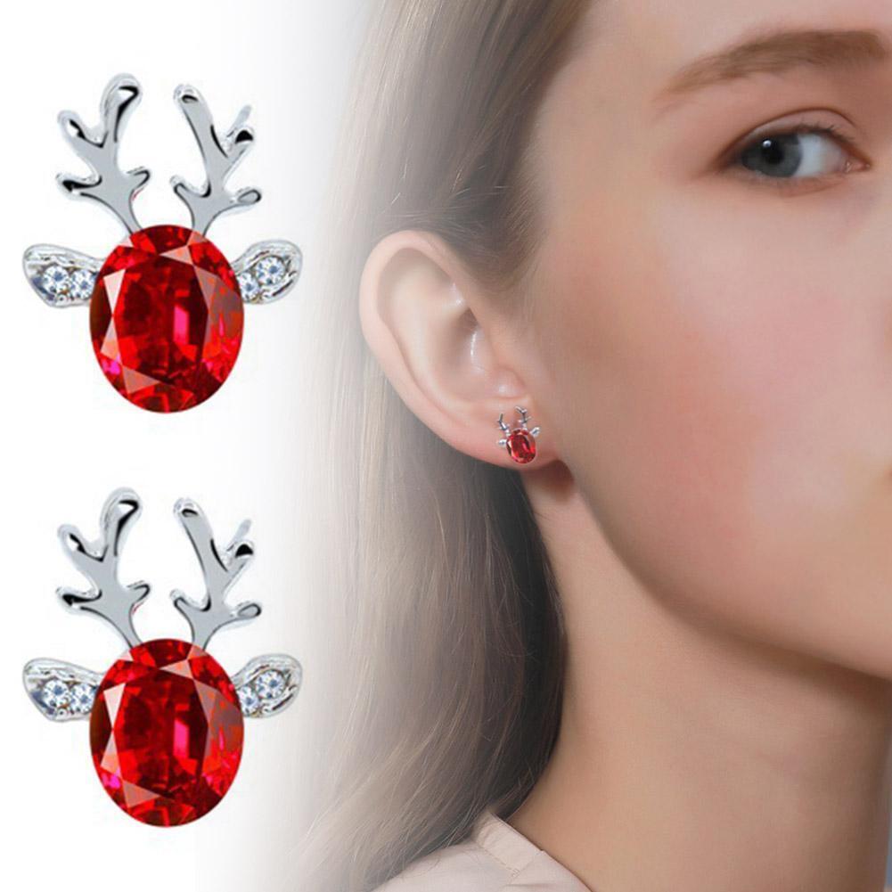 Christmas Earrings with Reindeer Antlers and a Colored Stone | Lightweight 1.5 cm Studs with Post Backs | 9 Colors