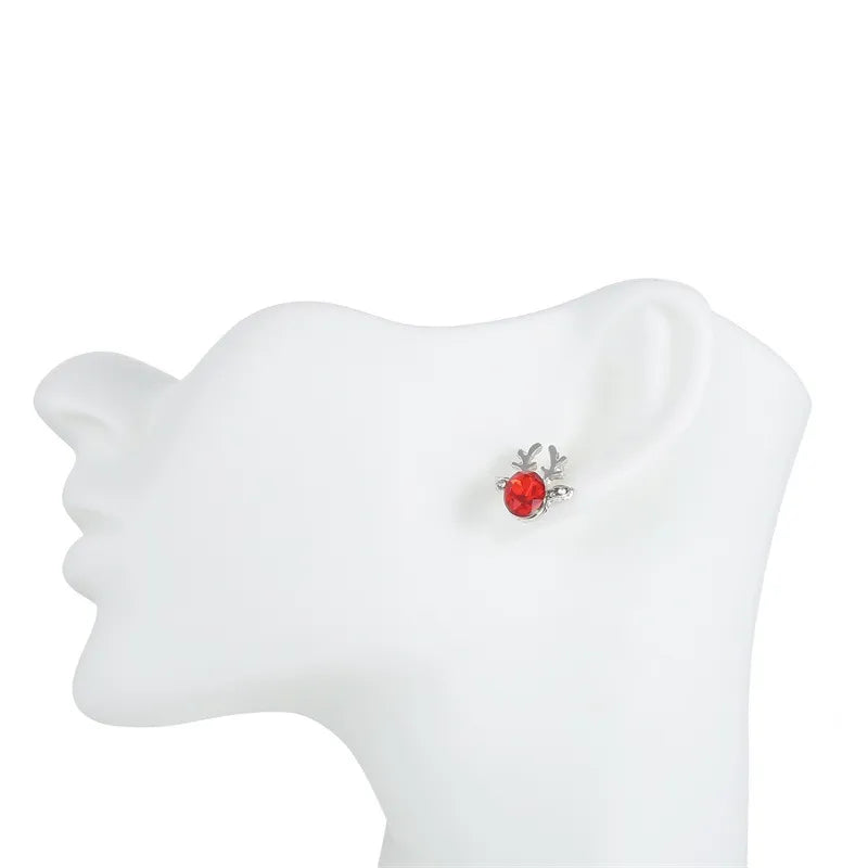 Christmas Earrings with Reindeer Antlers and a Colored Stone | Lightweight 1.5 cm Studs with Post Backs | 9 Colors