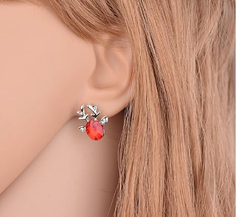 Christmas Earrings with Reindeer Antlers and a Colored Stone | Lightweight 1.5 cm Studs with Post Backs | 9 Colors