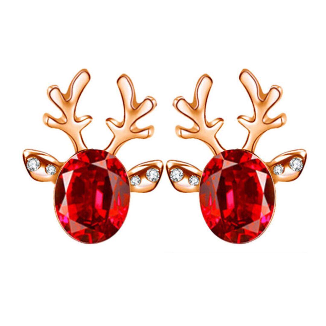 Christmas Earrings with Reindeer Antlers and a Colored Stone | Lightweight 1.5 cm Studs with Post Backs | 9 Colors