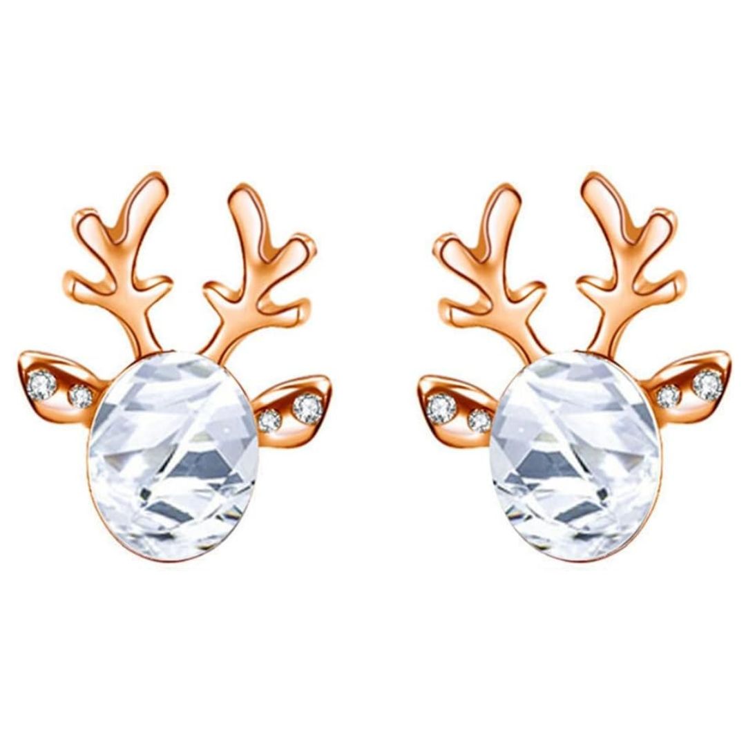 Christmas Earrings with Reindeer Antlers and a Colored Stone | Lightweight 1.5 cm Studs with Post Backs | 9 Colors