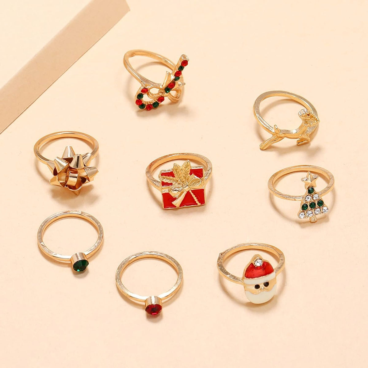 Christmas Ring Set of 8 in Stainless Steel | Adjustable Festive Jewelry with Holiday Motifs | Widths 3 to 4 mm