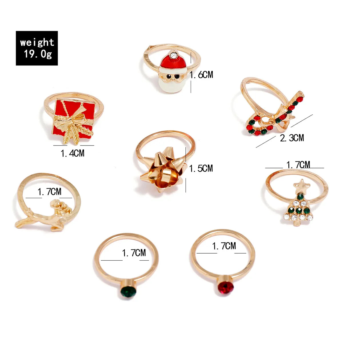 Christmas Ring Set of 8 in Stainless Steel | Adjustable Festive Jewelry with Holiday Motifs | Widths 3 to 4 mm