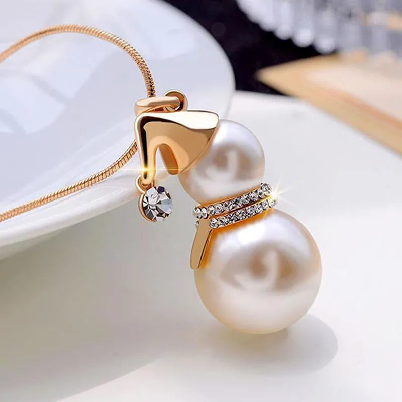 Christmas Snowman Pearl Necklace in Gold or Silver | Festive Stainless Steel Jewelry | Adjustable Lobster Clasp