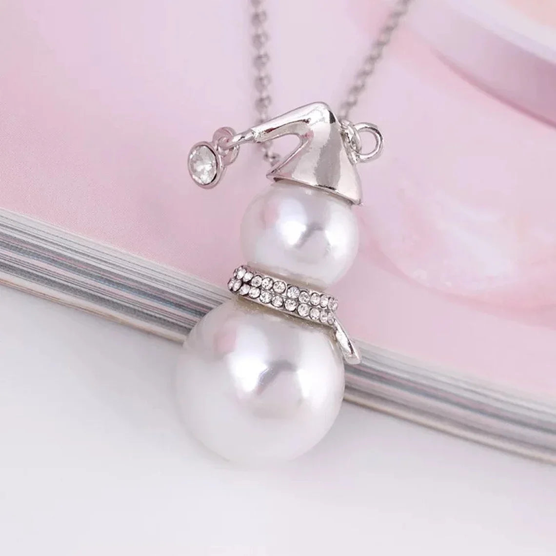 Christmas Snowman Pearl Necklace in Gold or Silver | Festive Stainless Steel Jewelry | Adjustable Lobster Clasp