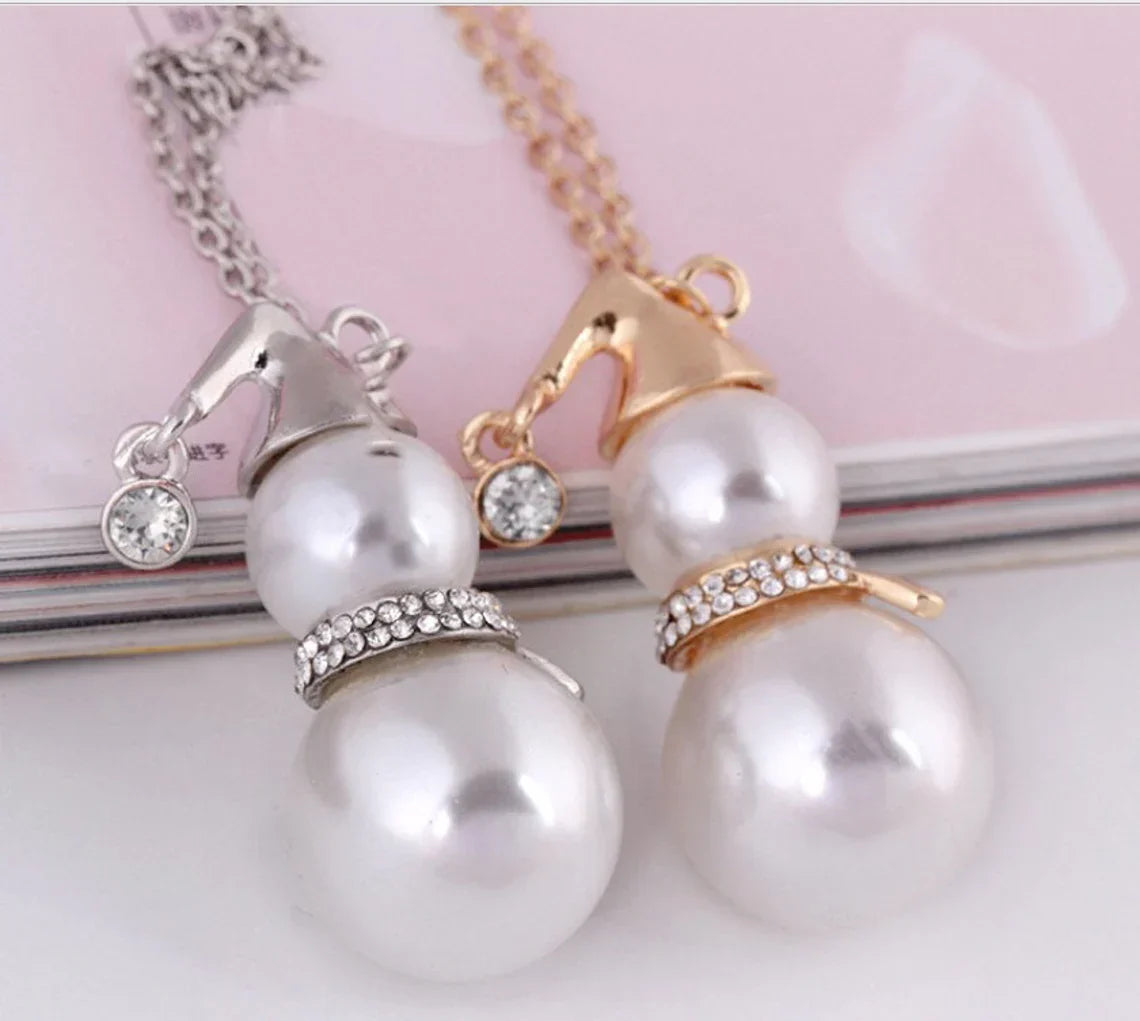 Christmas Snowman Pearl Necklace in Gold or Silver | Festive Stainless Steel Jewelry | Adjustable Lobster Clasp