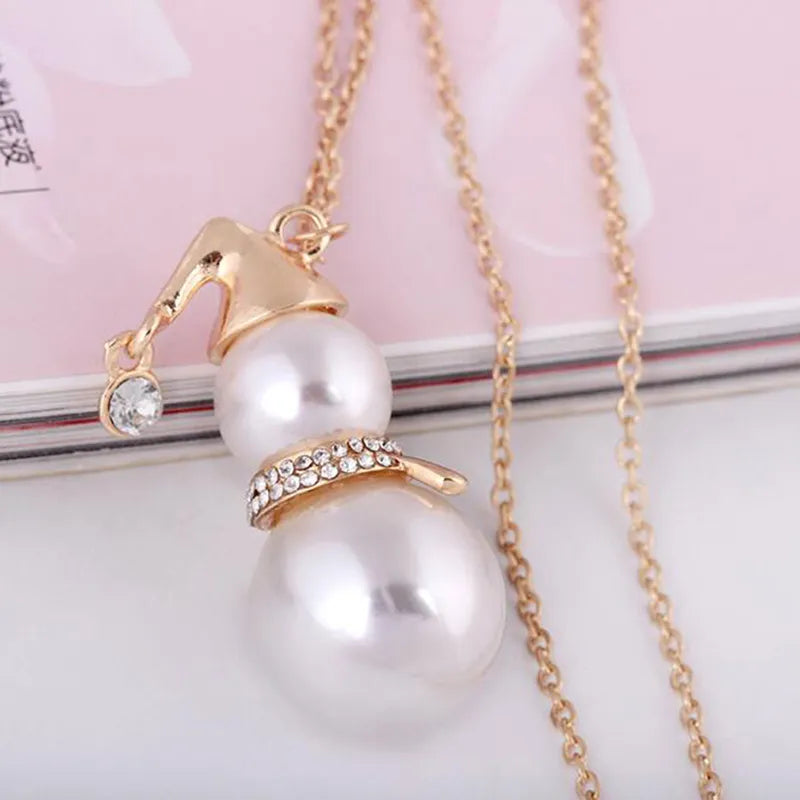 Christmas Snowman Pearl Necklace in Gold or Silver | Festive Stainless Steel Jewelry | Adjustable Lobster Clasp