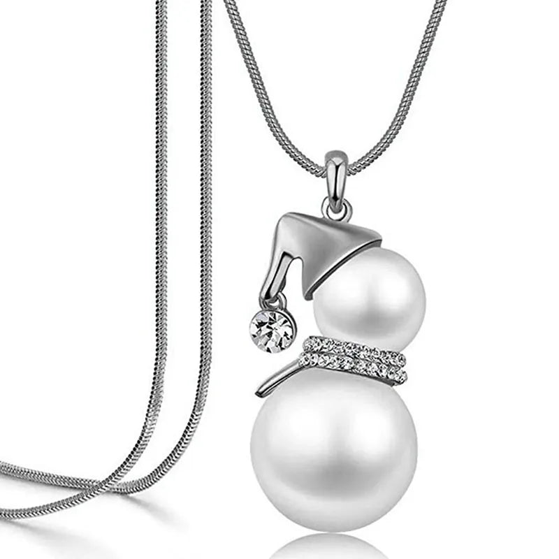 Christmas Snowman Pearl Necklace in Gold or Silver | Festive Stainless Steel Jewelry | Adjustable Lobster Clasp