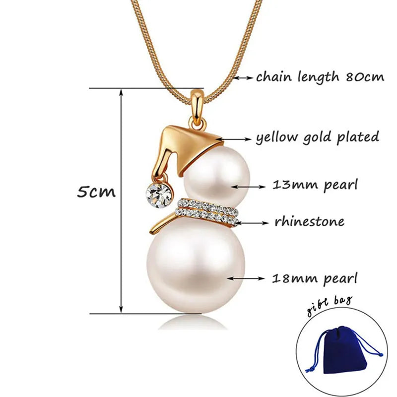 Christmas Snowman Pearl Necklace in Gold or Silver | Festive Stainless Steel Jewelry | Adjustable Lobster Clasp