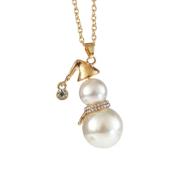 Christmas Snowman Pearl Necklace in Gold or Silver | Festive Stainless Steel Jewelry | Adjustable Lobster Clasp