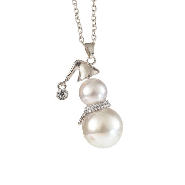 Christmas Snowman Pearl Necklace in Gold or Silver | Festive Stainless Steel Jewelry | Adjustable Lobster Clasp