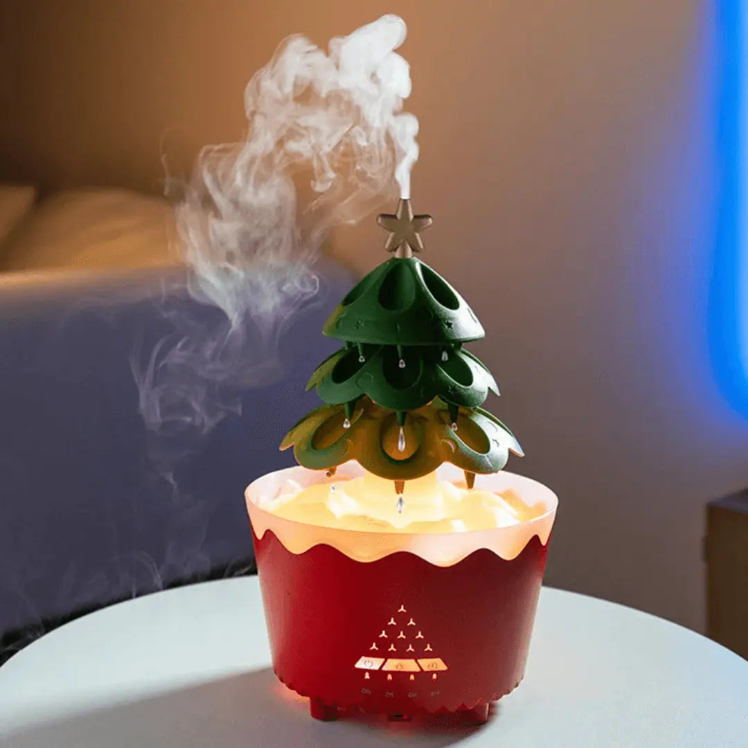 Christmas Tree Aroma Diffuser for Essential Oils | Silent Mist in Red, Wood or White | Festive Tabletop Home Decor