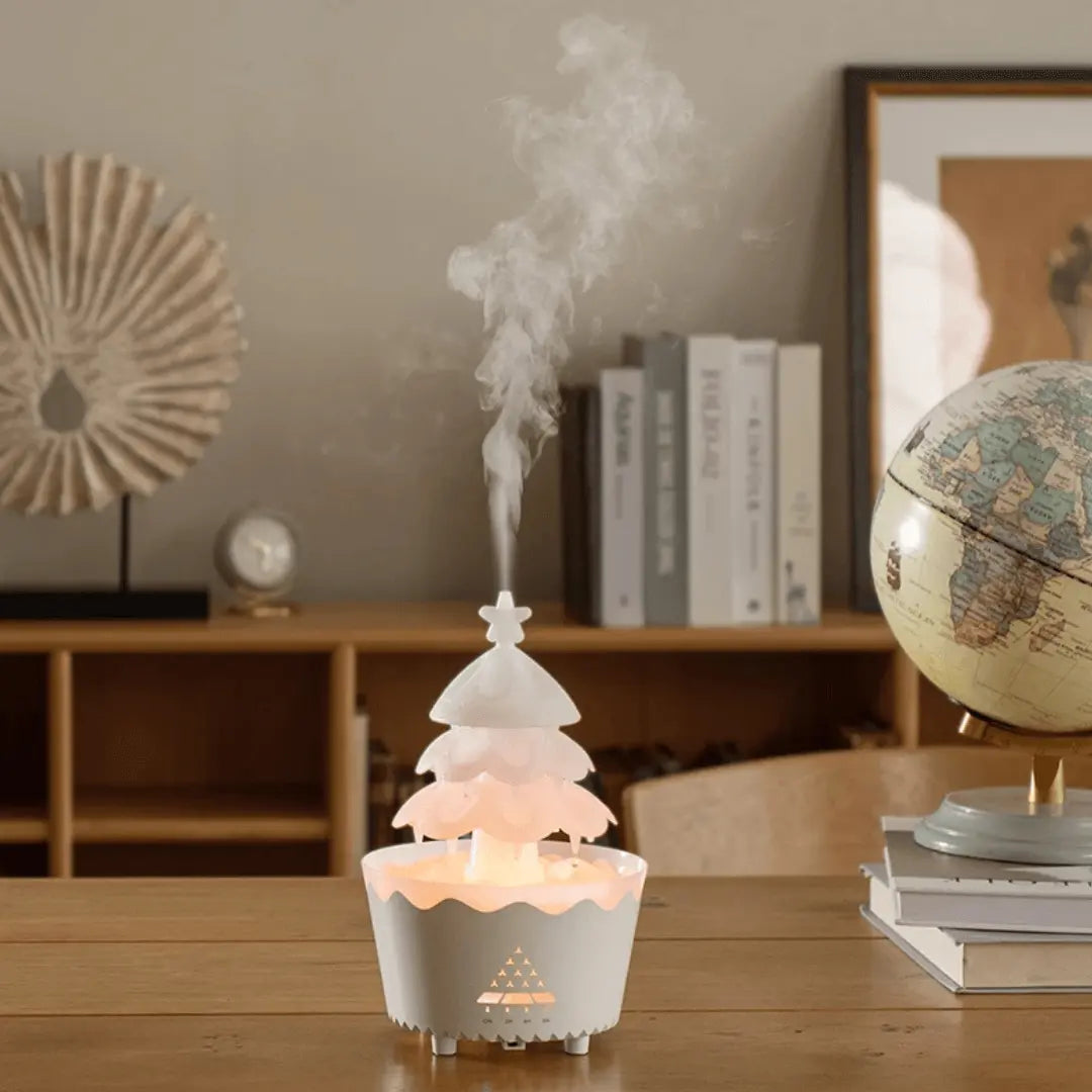 Christmas Tree Aroma Diffuser for Essential Oils | Silent Mist in Red, Wood or White | Festive Tabletop Home Decor